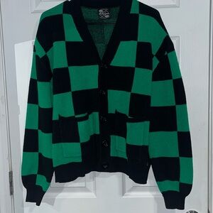 Steady Hands Black Green Checker Heavyweight Cardigan Sweater S/M